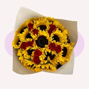 18 girasoles con 10 rosas rojas