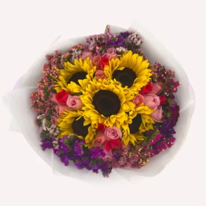 24 rosas combinadas, 5 girasoles con leticia