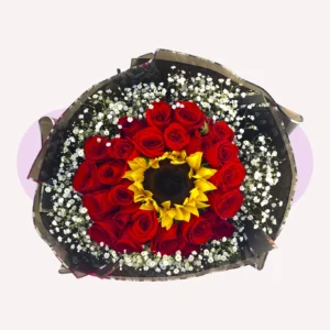 24 rosas rojas, 1 girasol con gypso