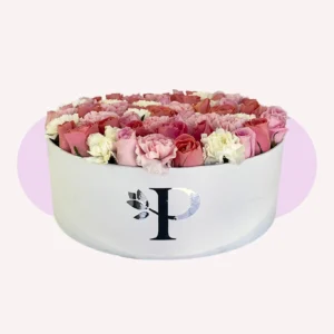 Caja Redonda de 48 Rosas y 24 Claveles