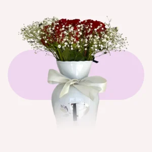 Jarrón de 18 rosas rojas con gypso