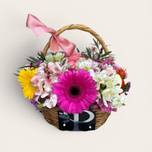 Canasta 10 gerberas, mini rosa, astromelia, leticia y dolar