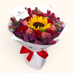 12 rosas combinadas, 1 girasol con leticia