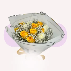 12 rosas amarillas y blancas con gypso