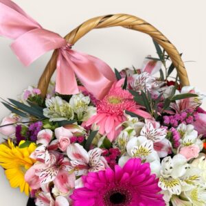 Canasta 10 gerberas, mini rosa, astromelia, leticia y dolar