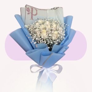 12 rosas blancas con gypso platinum